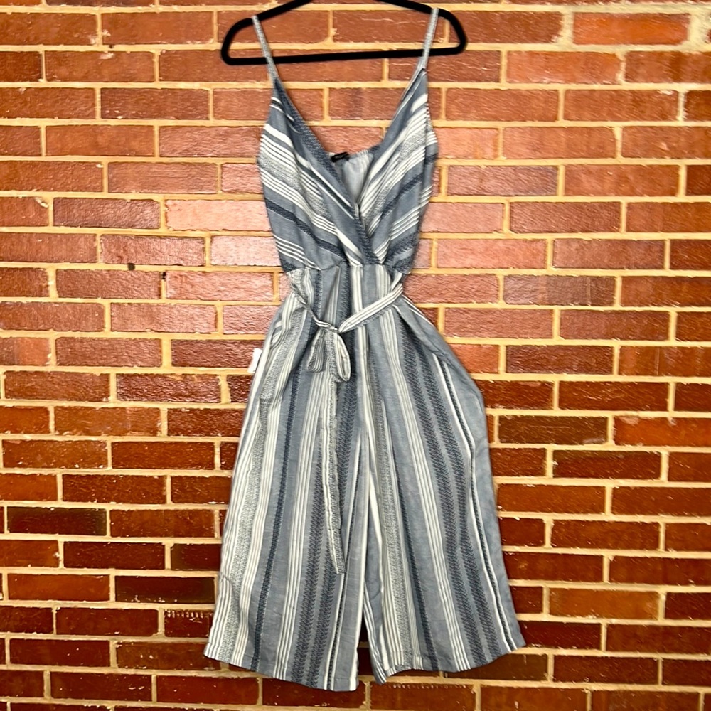 Jumpsuit - Copped Slate blue/white vertical stripe wide leg, XL